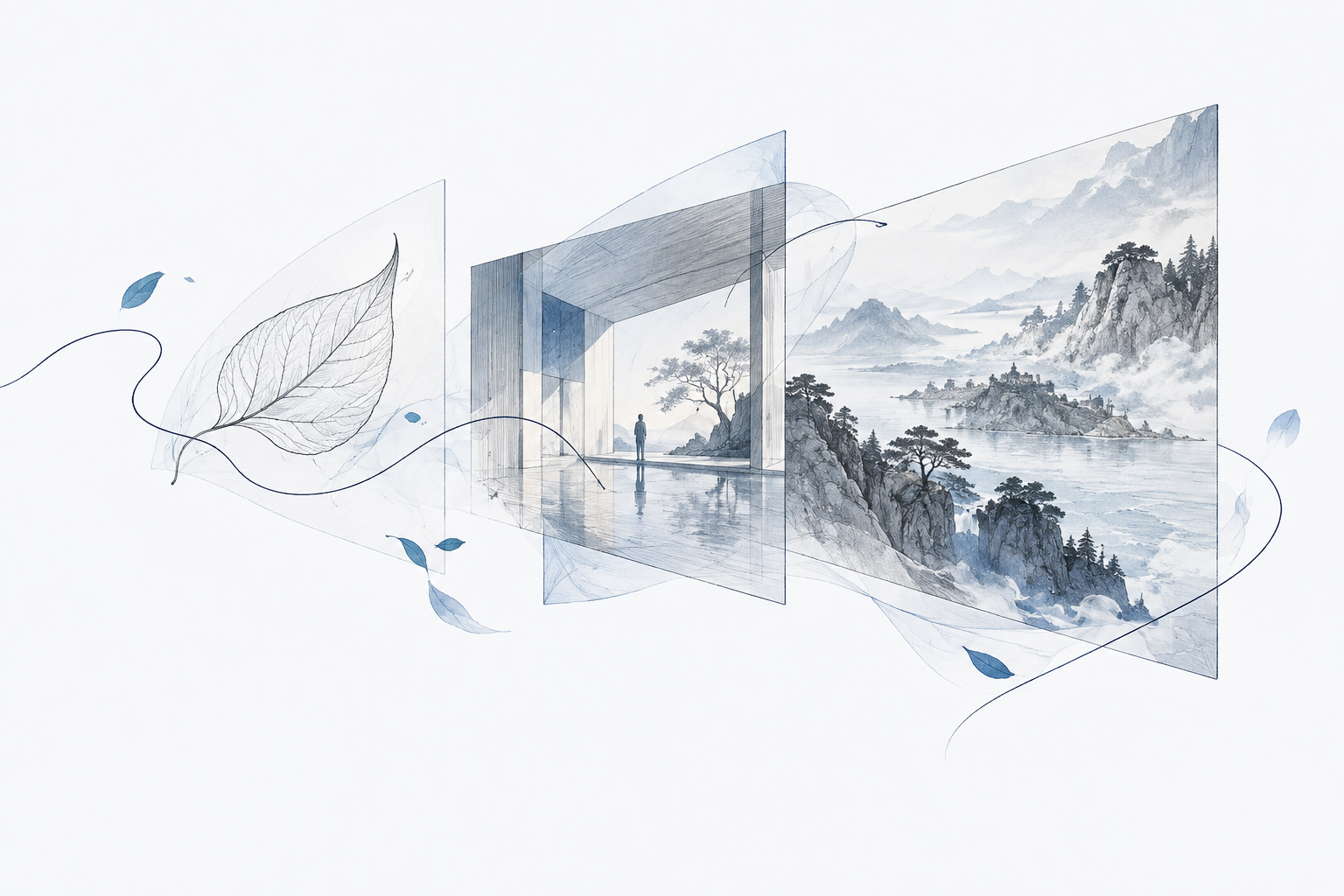从叶片草图、建筑光影到完整山水画面的AIGC工作流编辑式线描插画