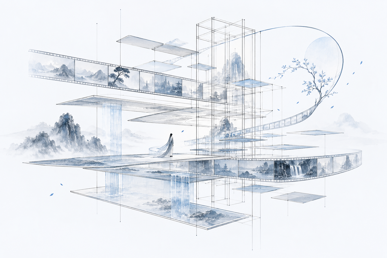 空间格架、悬浮画面与时间线构成的AI视频技术平台编辑式线描插画